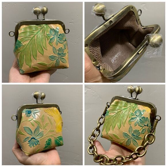 Free Small Clutch With Handmade Genuine Leather Floral Embossed Wooden Frame Bag - Picture 14 of 15